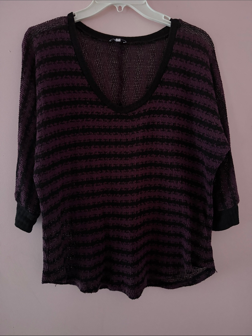Splendid Plum and Black Striped V‑Neck Sheer Knit Top